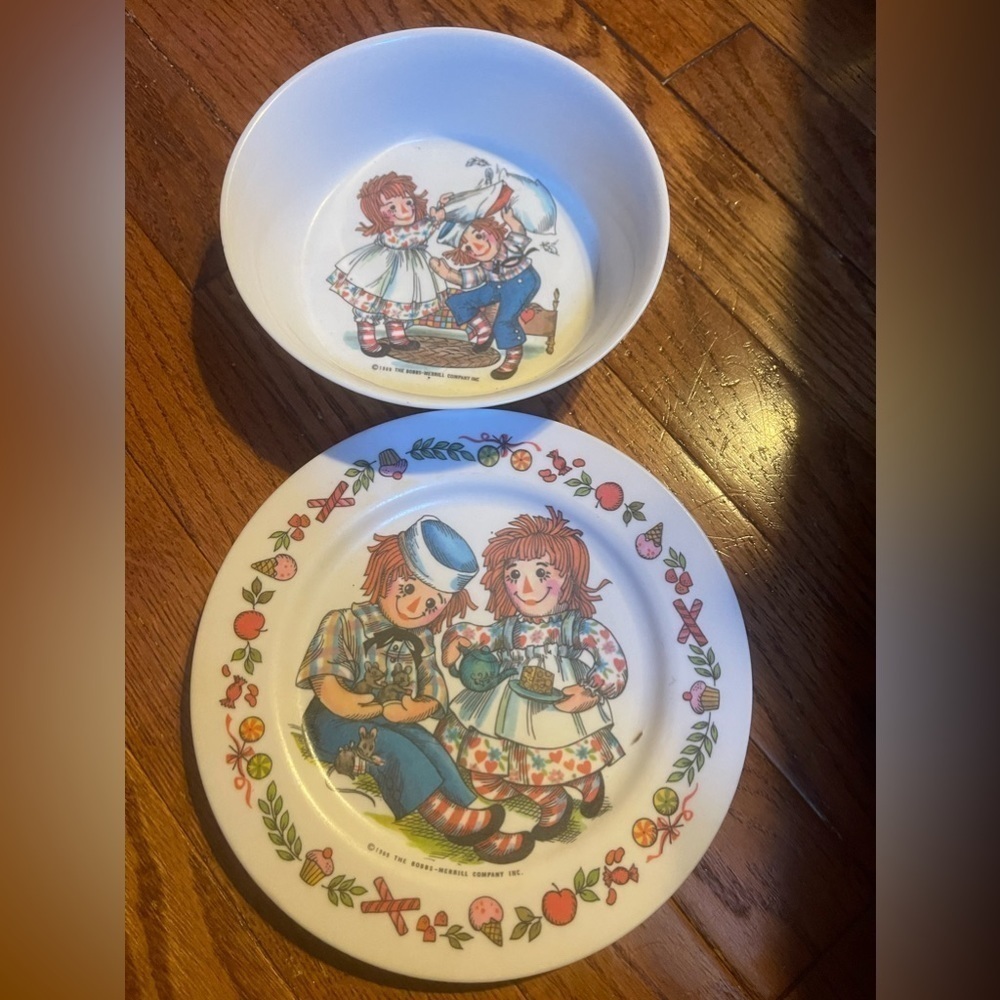 Raggedy Ann & Andy Plate Bowl Oneida 1969 Set 2 Piece  Vintage Bobbs-Merrill